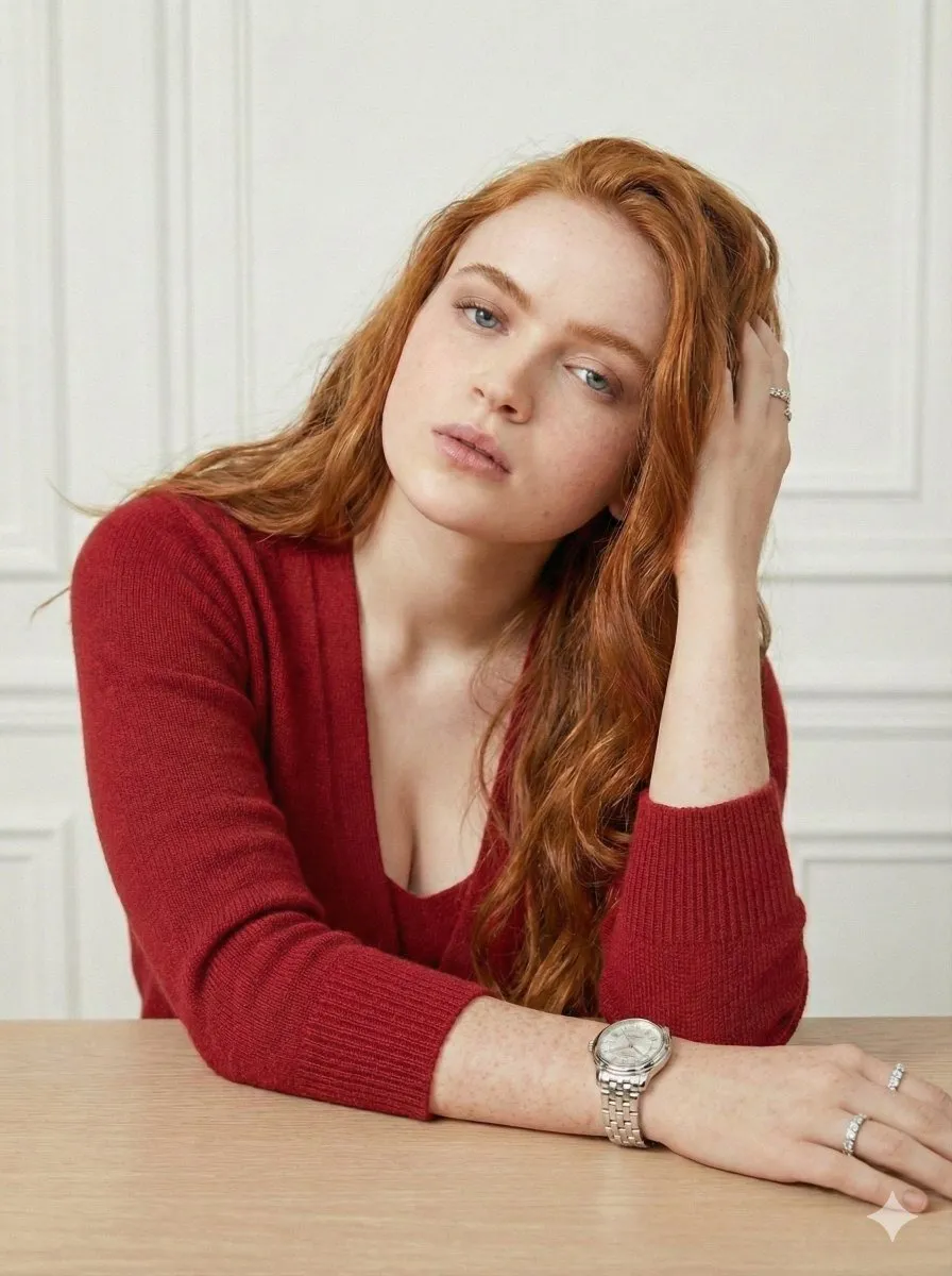 Sadie Sink в красном кардигане сидит у деревянного стола в светлом интерьере. · пример 3