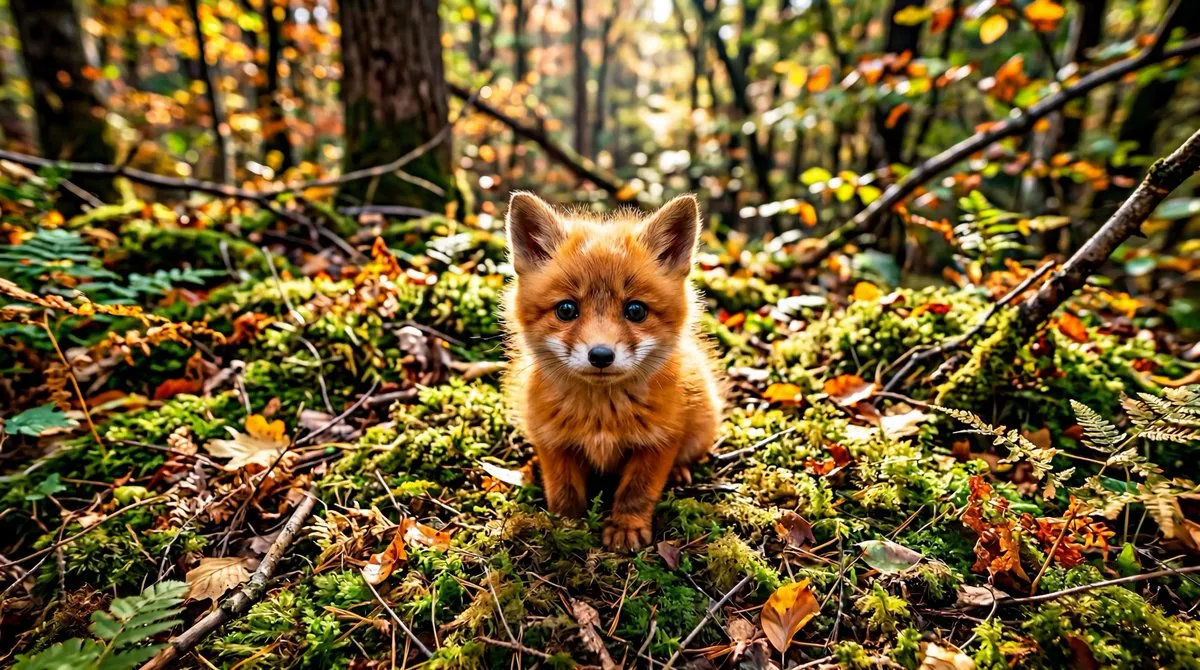 Пример промпта для фотореалистичного детёныша рыжей лисы с видом сверху. · пример 2