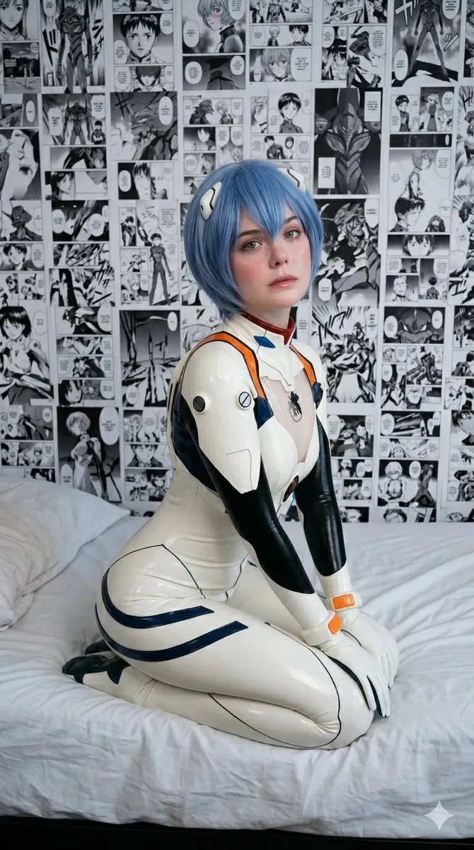 Пример портрета в косплее Rei Ayanami с манга-панелями на стене. · пример 2