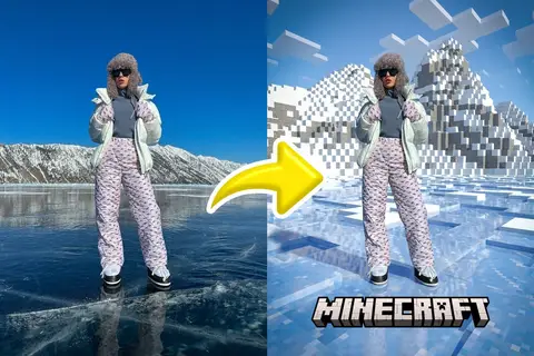 Персонаж остаётся прежним, окружение выполнено в стиле Minecraft.