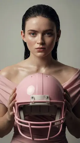 Пример промпта для фотореалистичного портрета Sadie Sink в пастельно-розовом шлеме.