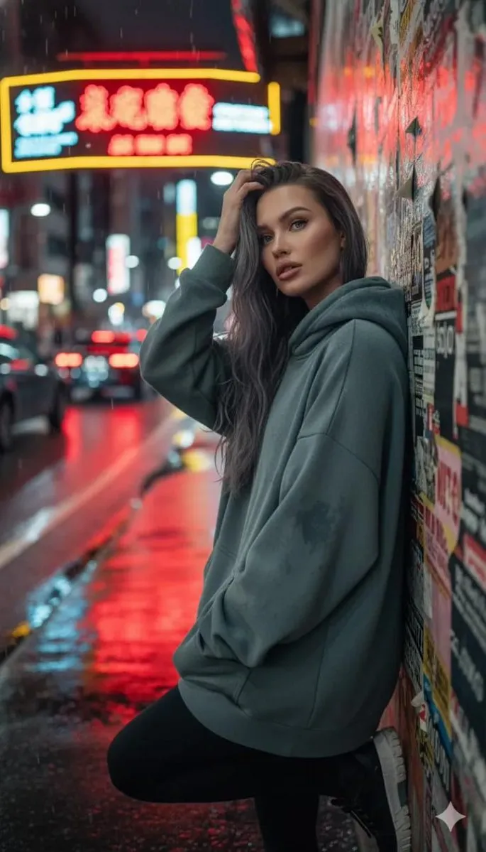 Женщина в слегка влажной толстовке стоит у стены с афишами; на мокрой ночной улице отражаются красные стоп-сигналы. · пример 2