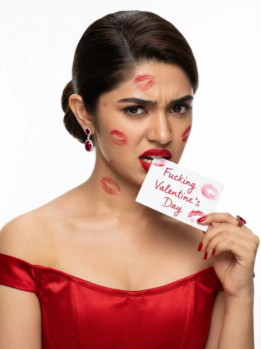 Krithi Shetty сердито кусает белую карточку с надписью Fucking Valentine’s Day. · пример 1