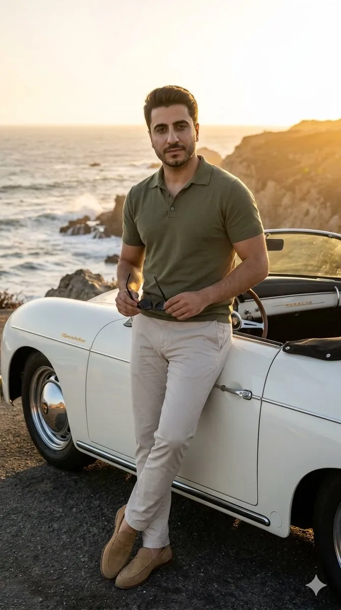 Промпт для портрета мужчины у винтажного белого Porsche на прибрежной дороге. · пример 2