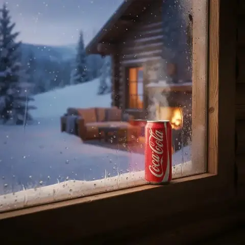 Банка Coca-Cola на деревянном подоконнике у заснеженного домика, снятая через окно с инеем.