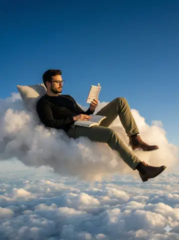 Пример промпта для мужчины, читающего книгу на облаке над небом.