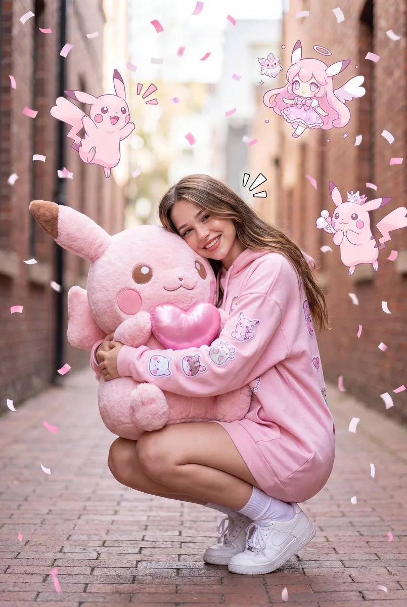 Пример промпта для портрета женщины с розовой игрушкой Pikachu в кирпичном переулке. · пример 2