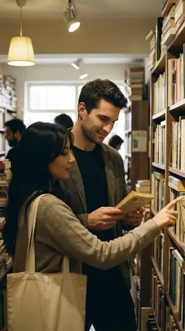Промпт для непринуждённой фотографии молодой пары у книжной полки в букинистическом магазине Kadıköy.