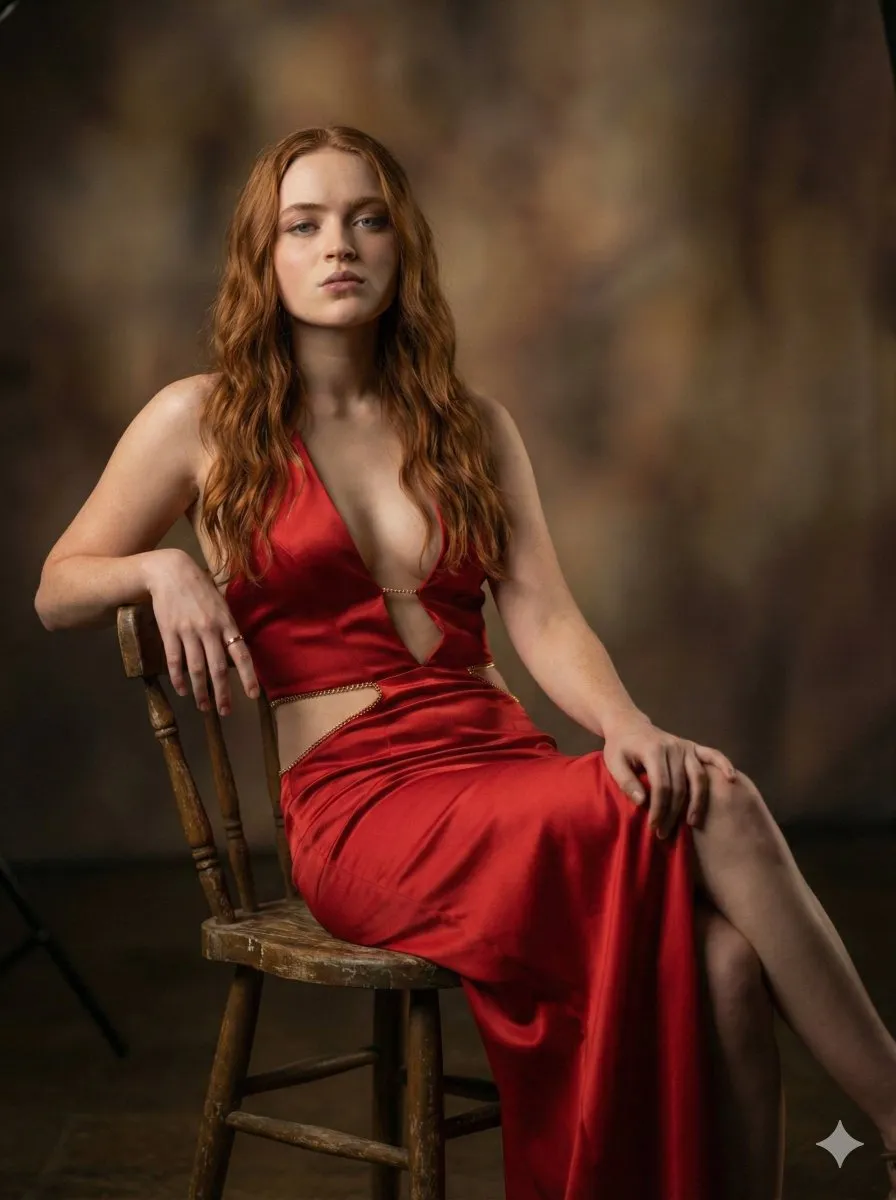 Частичный JSON-промпт для портрета Sadie Sink в красном атласном платье. · пример 2