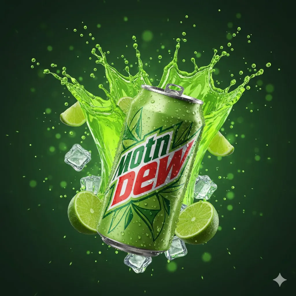 Пример промпта для рекламного рендера банки Mountain Dew с жидкостью, льдом и лаймами. · пример 1