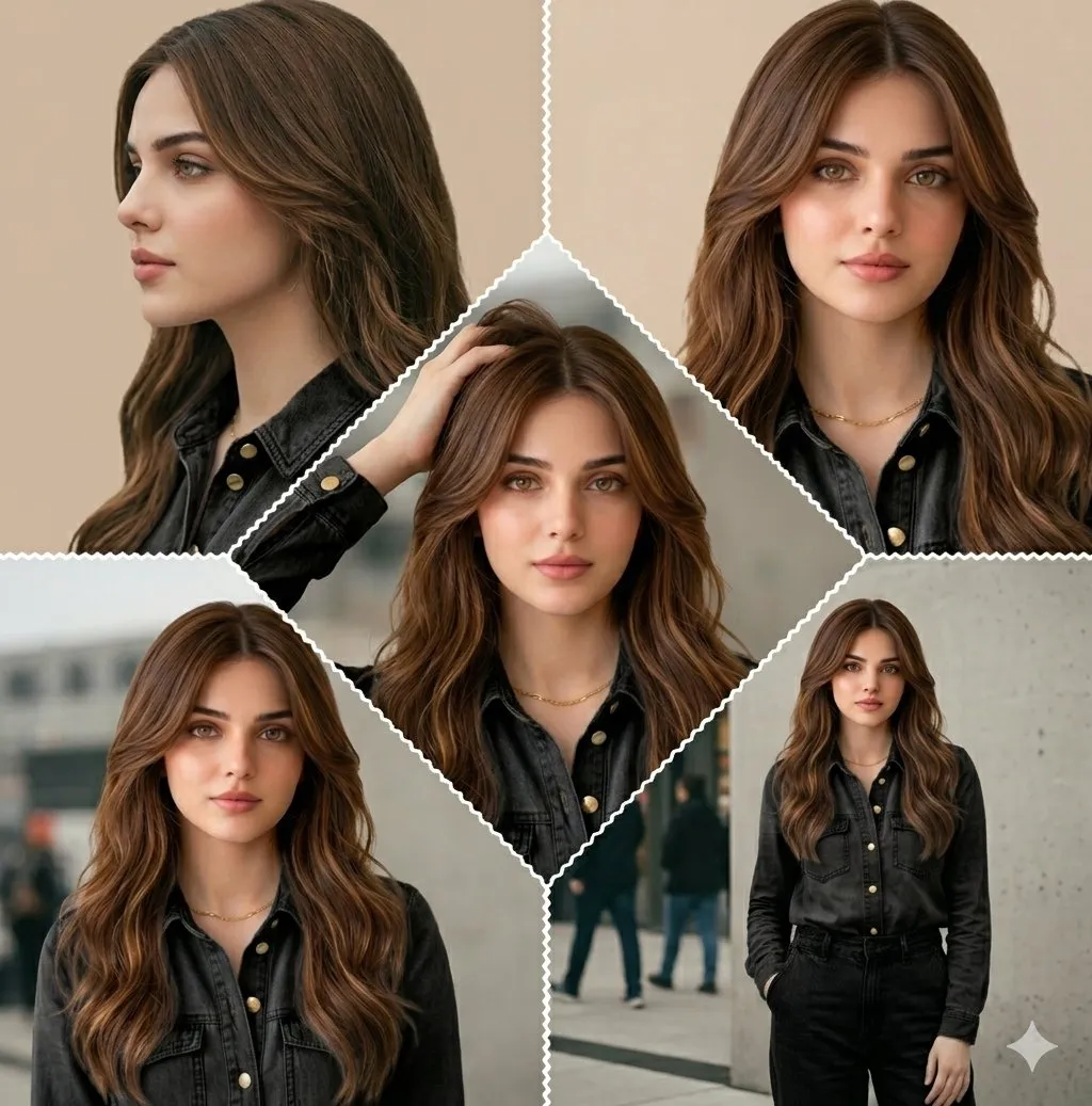 Пример к промпту: одна модель показана в нескольких выразительных портретах в тёмных очках и уличной одежде.