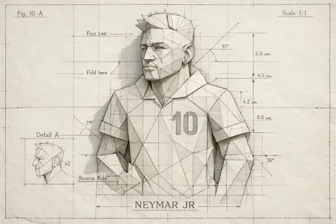 Пример чертёжной иллюстрации Neymar JR из бумаги с геометрическими складками.