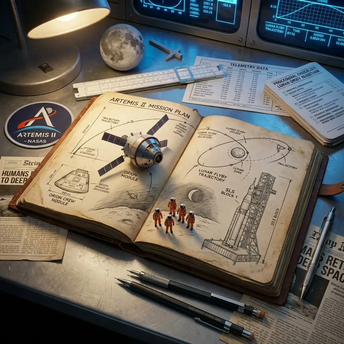 Пример диорамы журнала миссии Artemis II с графитовыми схемами и миниатюрными деталями. · пример 2