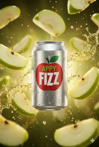 Пример промпта для рекламного кадра Appy Fizz с алюминиевой банкой, зелёными яблоками и брызгами газировки.