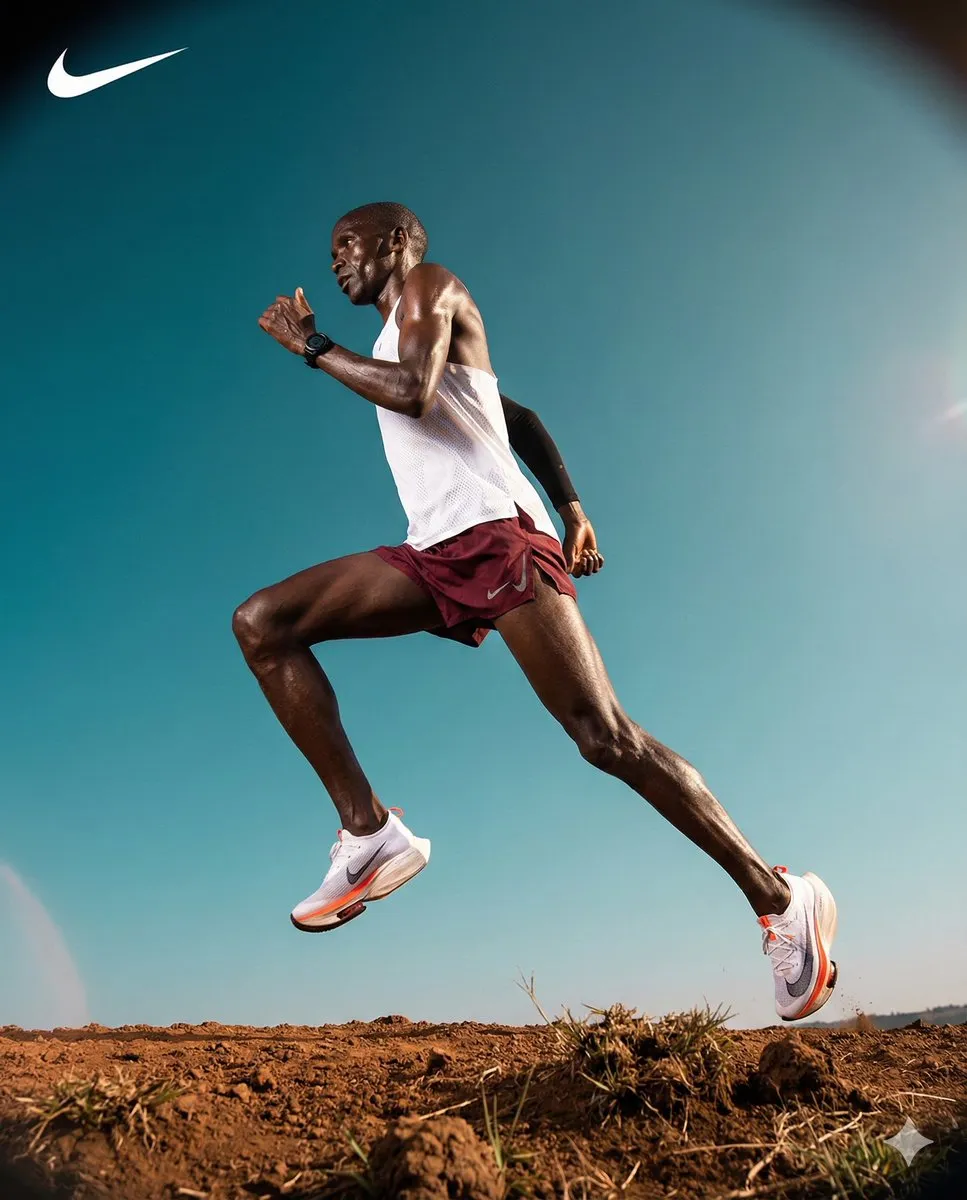 Бегун в белых кроссовках Nike запечатлён в прыжке на фоне голубого неба. · пример 2