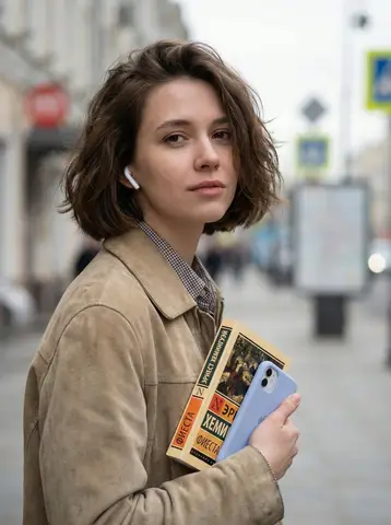 Промпт для уличного портрета женщины с книгой и смартфоном на фоне размытой улицы.