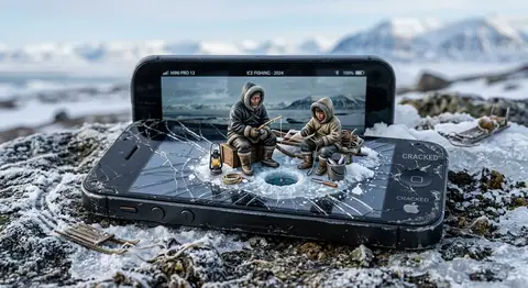 Иллюстрация к промпту о миниатюрной рыбалке на треснувшем смартфоне.