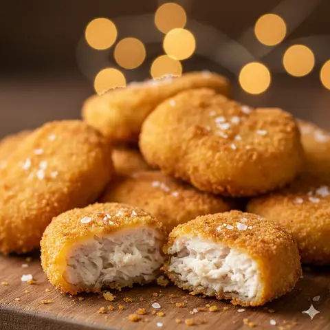 Разломленный золотистый наггетс показывает сочное белое мясо и хрустящую панировку.