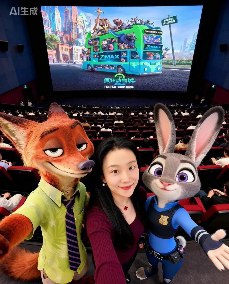 Человек фотографируется с Джуди и Ником на фоне улицы Zootopia. · пример 2