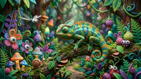 Текстовый промпт для пластилиновой сцены с хамелеоном.