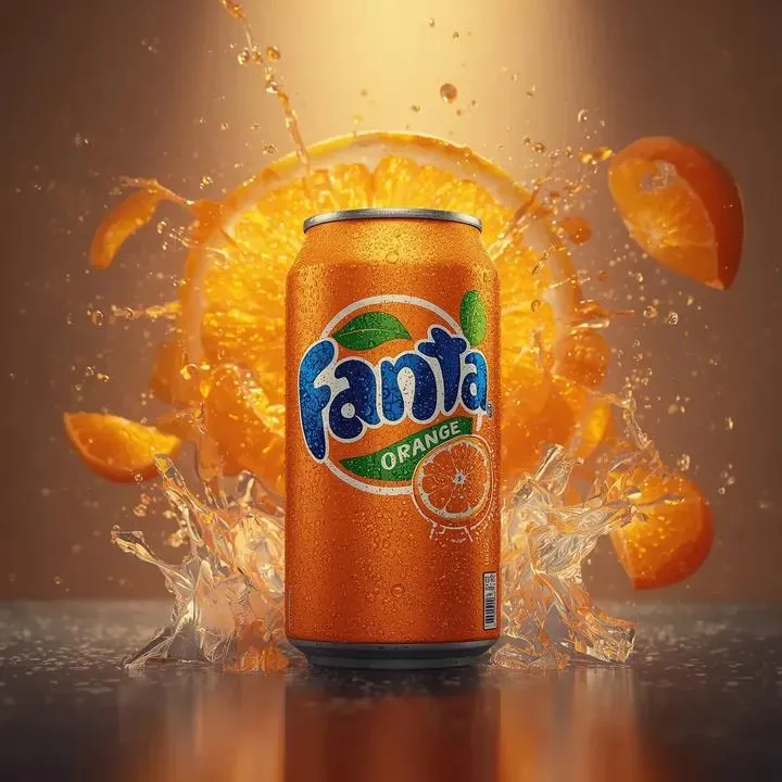 Промпт для рекламной фотографии холодной банки Fanta Orange с брызгами и ломтиками апельсина. · пример 2