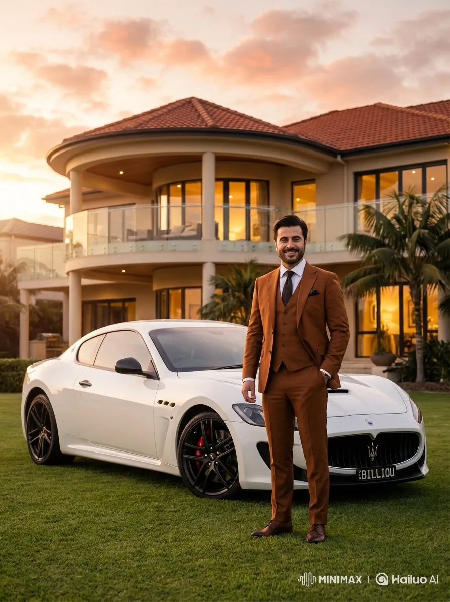 Пример промта для роскошного портрета мужчины с автомобилем Maserati. · пример 2
