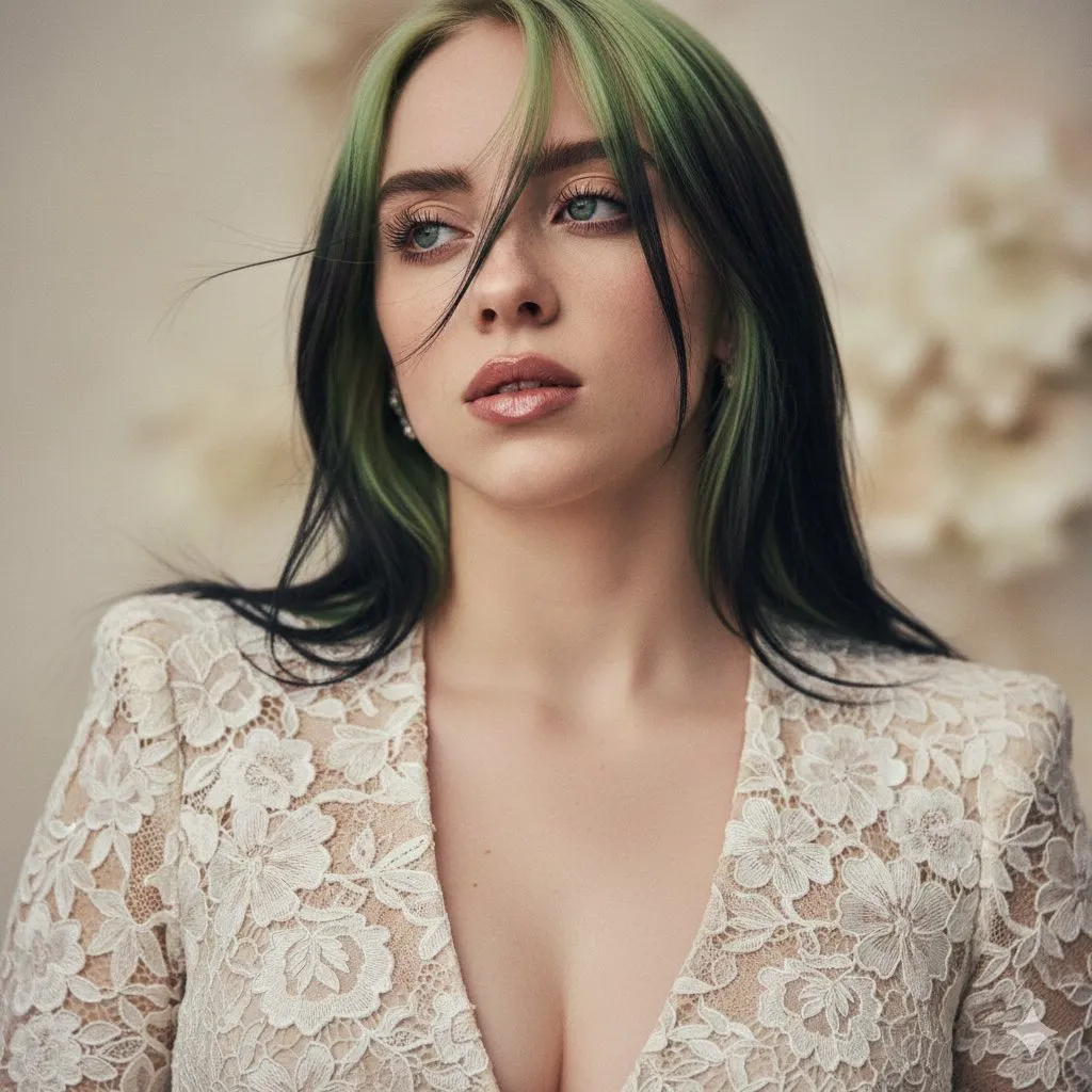 Текстовый JSON-промпт для редакционного портрета Billie Eilish в розовом платье. · пример 2
