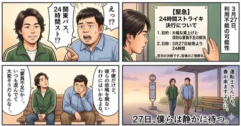 Четырёхпанельная манга The Day Our Bus Stops о забастовке Kanto Bus