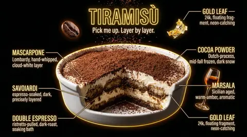 Фотореалистичное блюдо на чёрном фоне с цветным неоновым светом, паром и подписями ингредиентов.