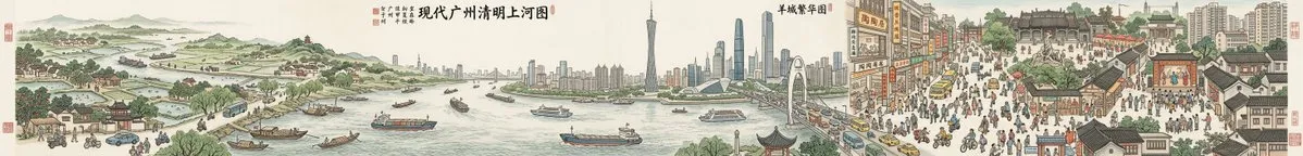Промпт для панорамной жанровой картины современного города в стиле свитка «Along the River During the Qingming Festival». · пример 3