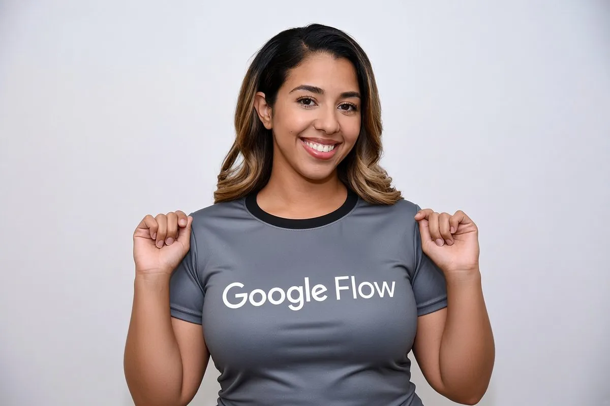 Промпт для рекламного постера Google Flow с улыбающейся женщиной в футболке с надписью Google Flow. · пример 2