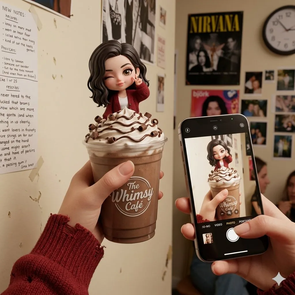 Промпт для 3D-изображения девочки в стиле чиби, сидящей на стаканчике фраппе.