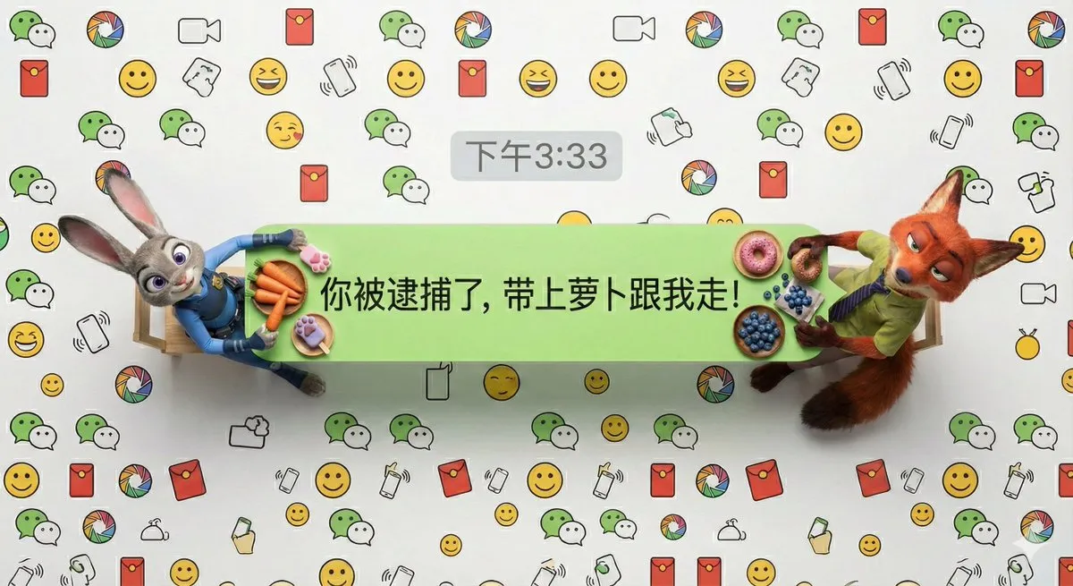 Миниатюрные люди сидят за столом в форме пузыря WeChat на фоне фирменного узора. · пример 2
