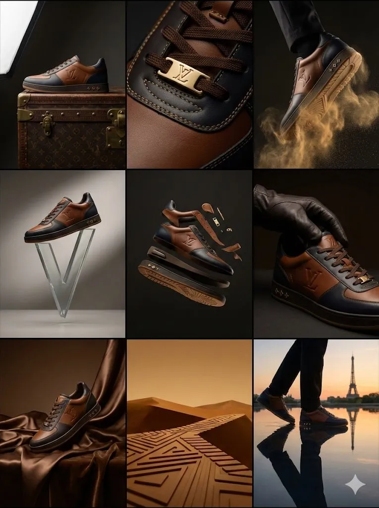Редакционный коллаж с кожаным кроссовком Louis Vuitton в девяти сценах