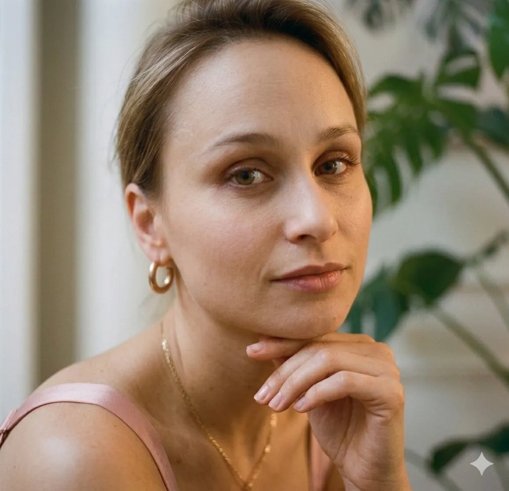 Светловолосая женщина позирует среди комнатных растений сначала в розовом топе, затем в шёлковом платье. · пример 3