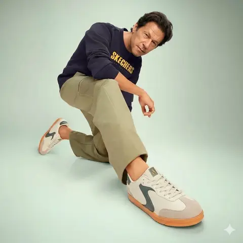 Шахрукх Кхан в тёмно-синем свитшоте Skechers и бело-серых кроссовках позирует на мятно-зелёном фоне.