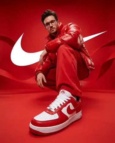 Промпт для уличного портрета в красной одежде Nike на красном фоне.