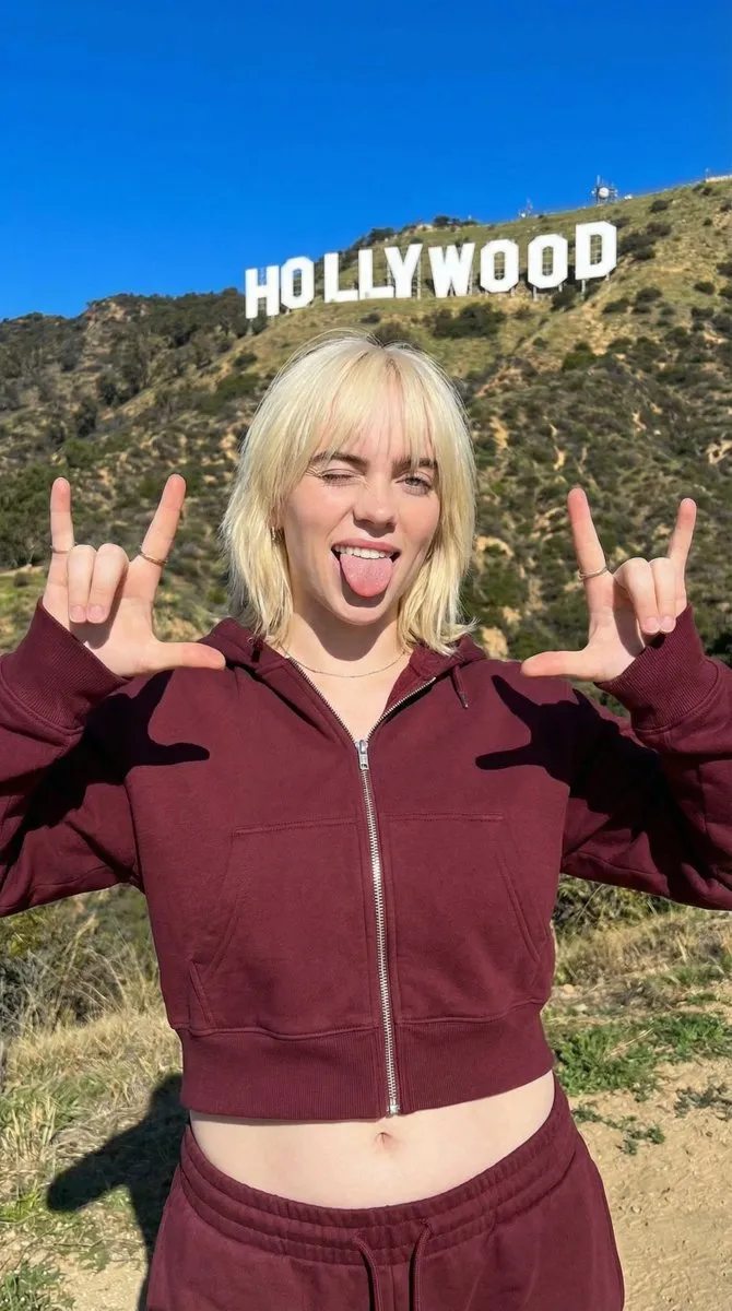 Пример портрета девушки в бордовой спортивной одежде на фоне надписи Hollywood Sign. · пример 2