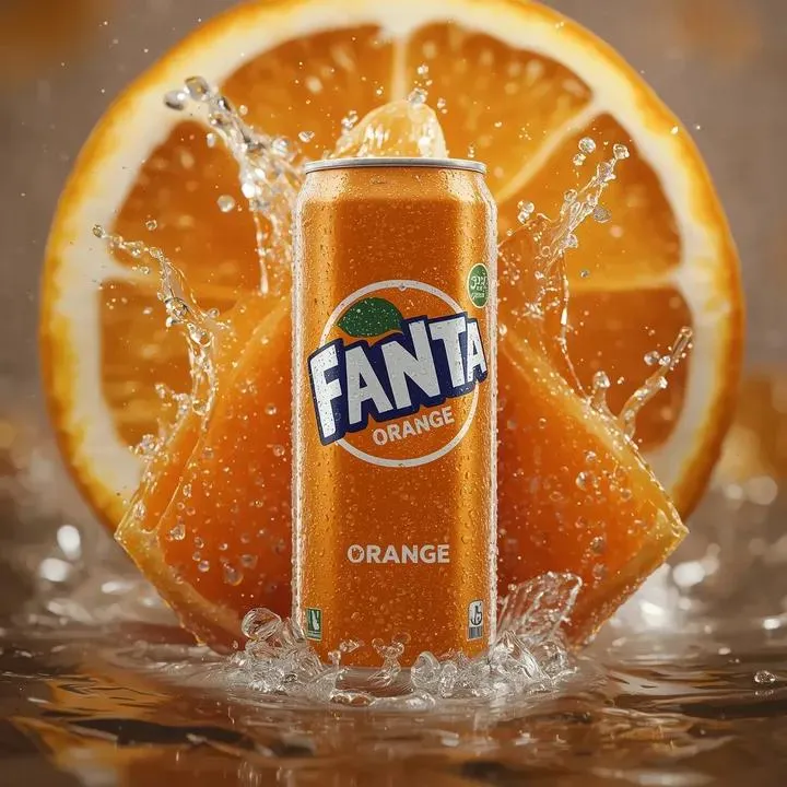 Промпт для рекламной фотографии холодной банки Fanta Orange с брызгами и ломтиками апельсина. · пример 3