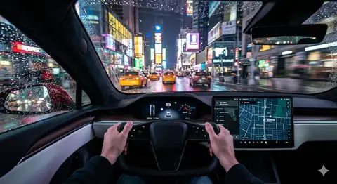 Приборная панель Tesla и дождливые неоновые улицы Манхэттена ночью