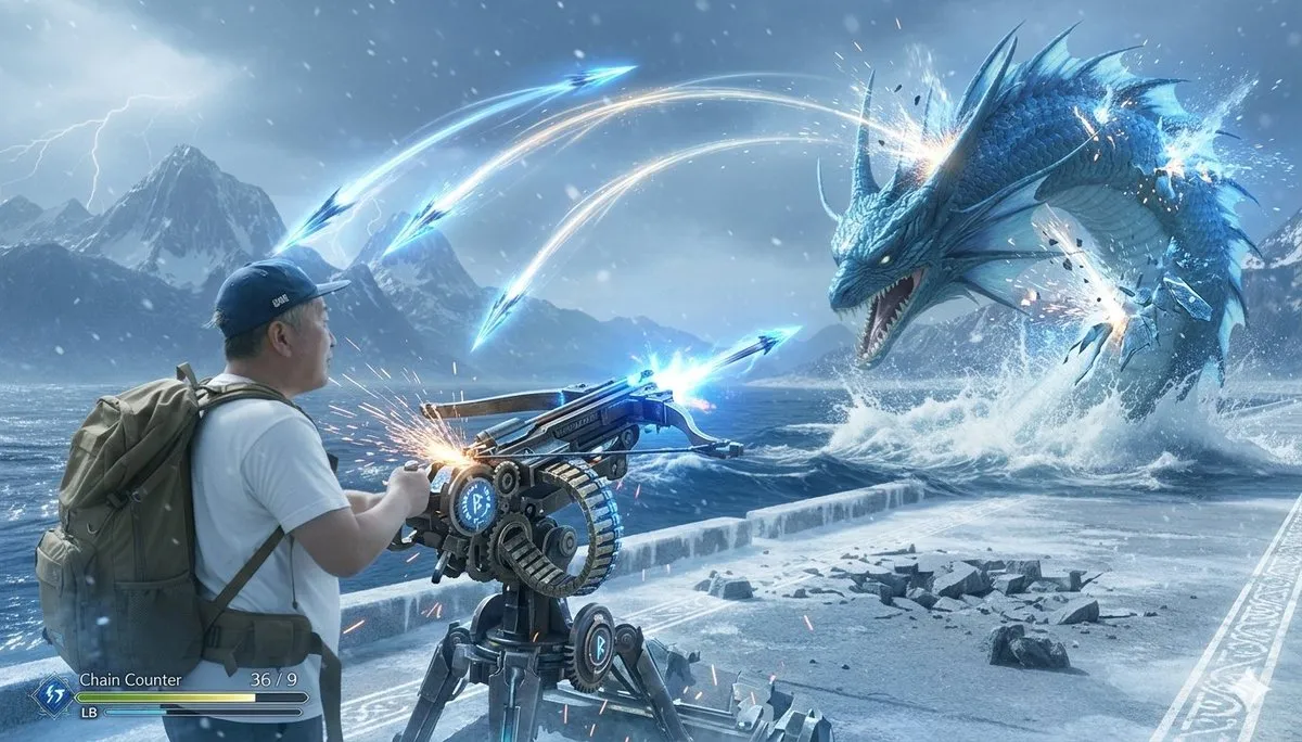Аллатреон из Monster Hunter под огнём баллисты на фоне палящего жара. · пример 2