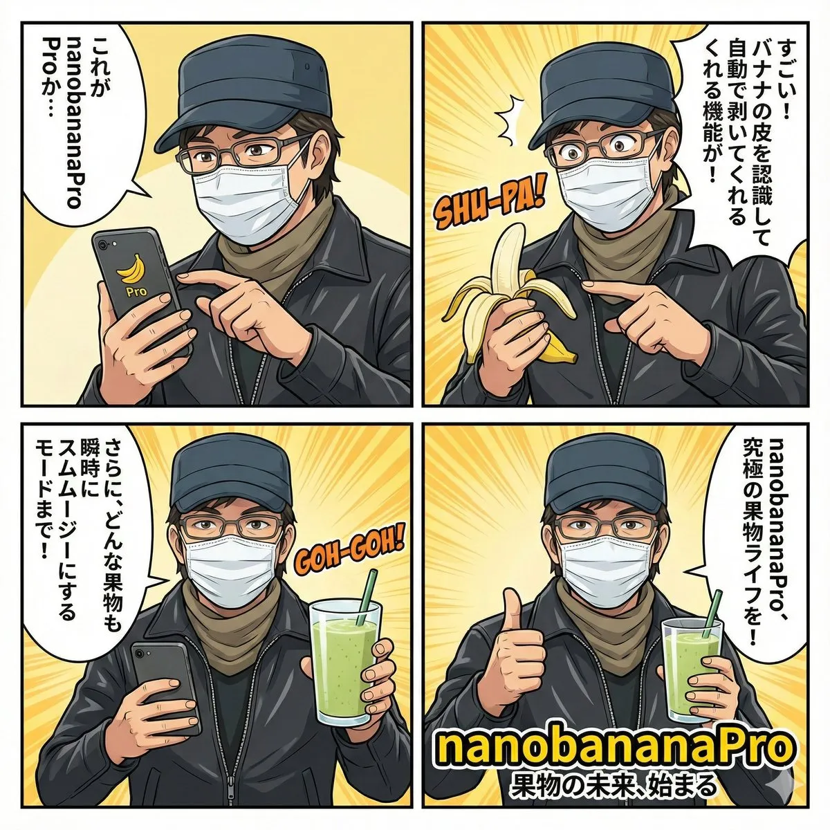 Промпт предлагает объяснить продукт Nano Banana Pro в комиксе из четырёх панелей. · пример 2
