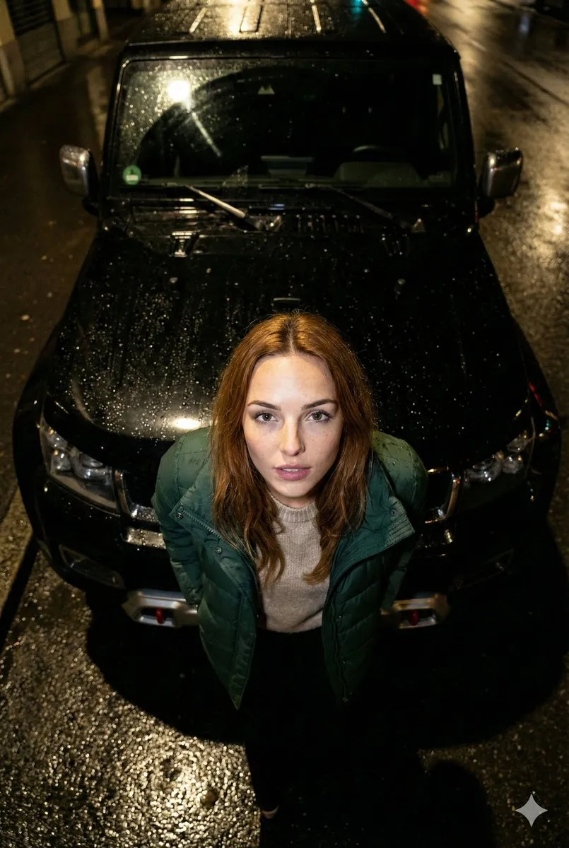Человек опирается на капот чёрного BAIC BJ40 ночью и смотрит вверх в камеру; вспышка отражается на мокром асфальте. · пример 2