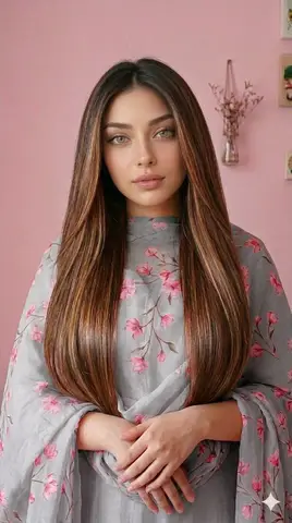 Женщина в пастельной одежде стоит у розовой стены с вазой сухих ветвей.