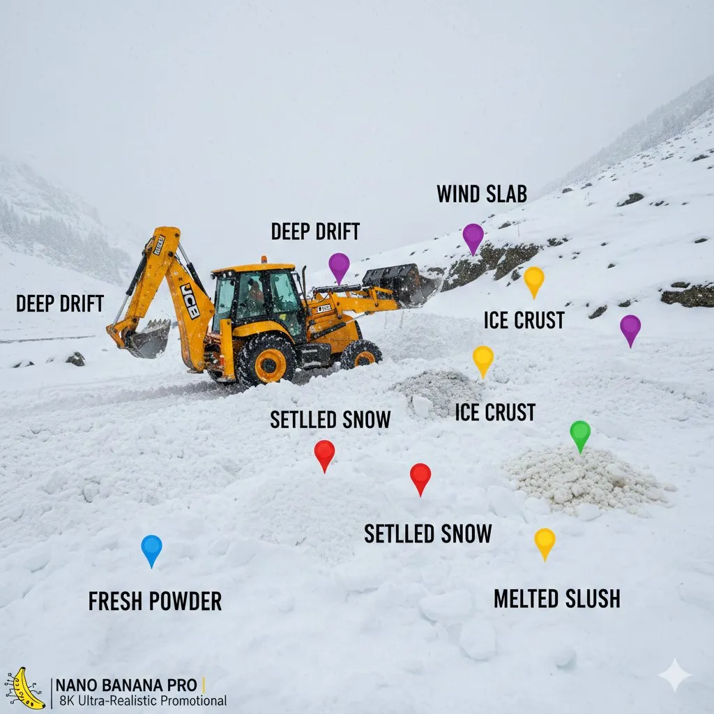 Пример промпта для кинематографичного изображения JCB, расчищающего снег в Кашмире