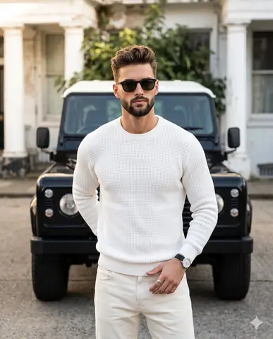 Пример промпта для мужского редакционного портрета у Land Rover Defender при золотом свете.