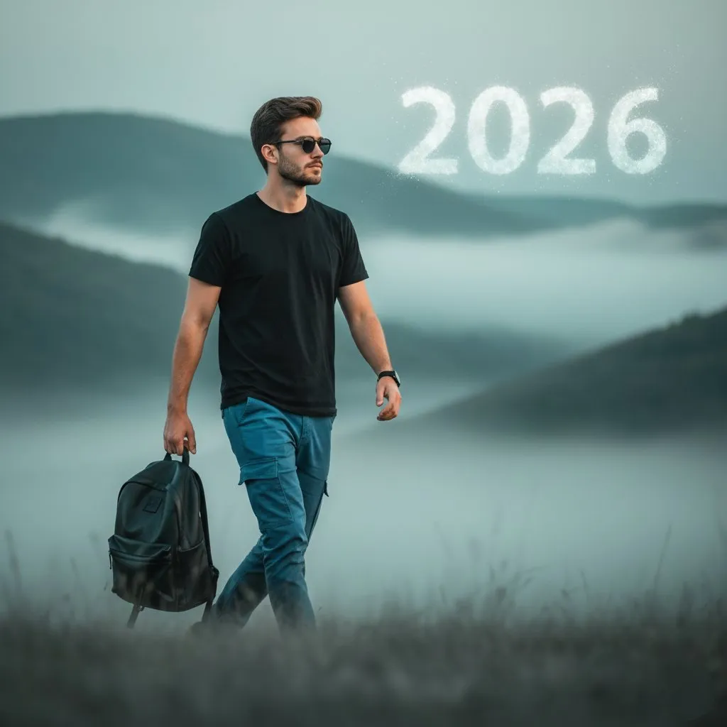 Пример промпта для стильного портрета на туманном фоне с числом 2026