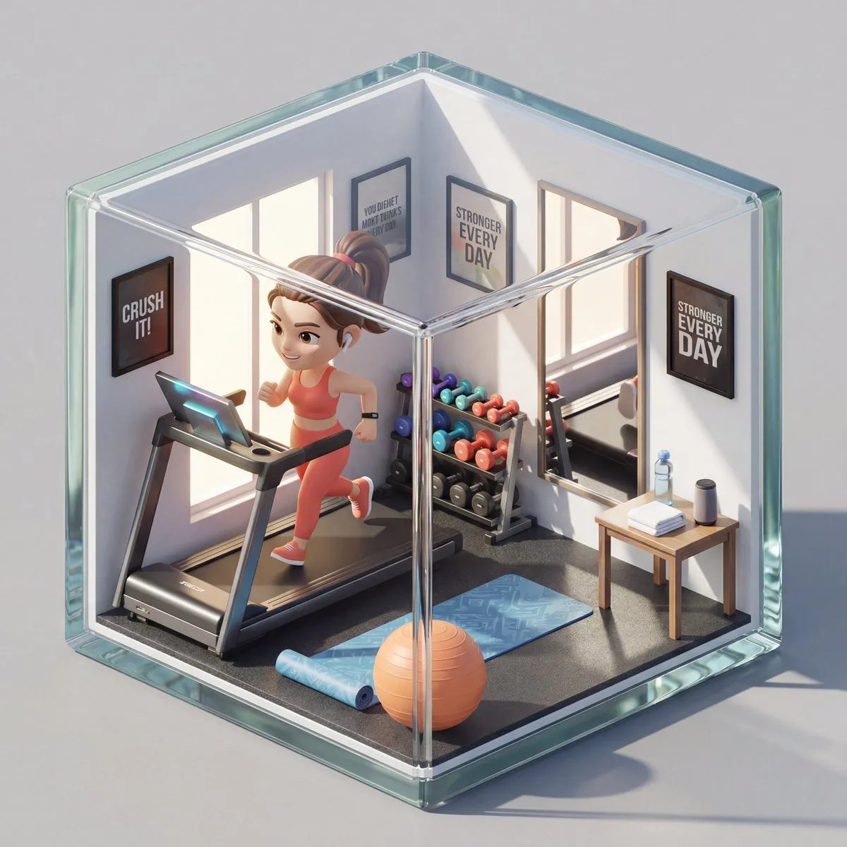 Изометрическая 3D-комната в форме куба с миниатюрным персонажем и детализированным интерьером. · пример 3