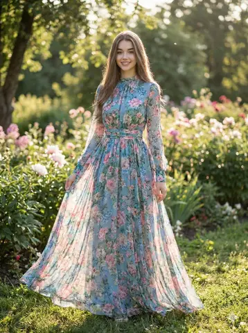 Женщина в лавандовом костюме и тёмных очках уверенно идёт по городской улице.