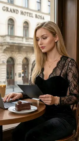 Женщина сидит за столом в кафе у окна с видом на фасад GRAND HOTEL ROSA.
